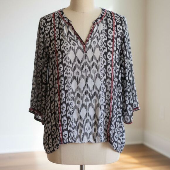 Chico’s Sheer Top Blouse Tunic Black White Red Boho Peasant Gypsy Flowy Sz. 3 XL - Picture 7 of 9